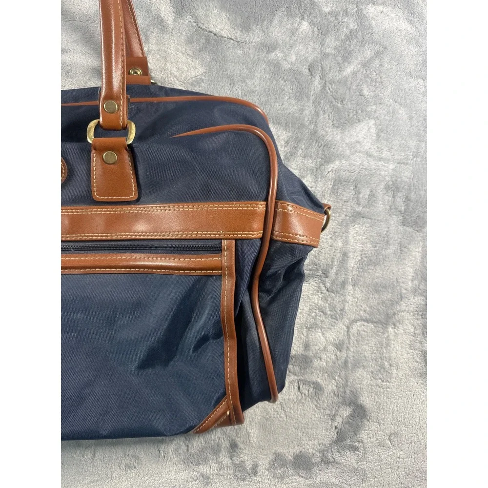 Jaguar Navy Blue Nylon Duffel Bag Brown Trim Weekender Travel Carry On Luggage